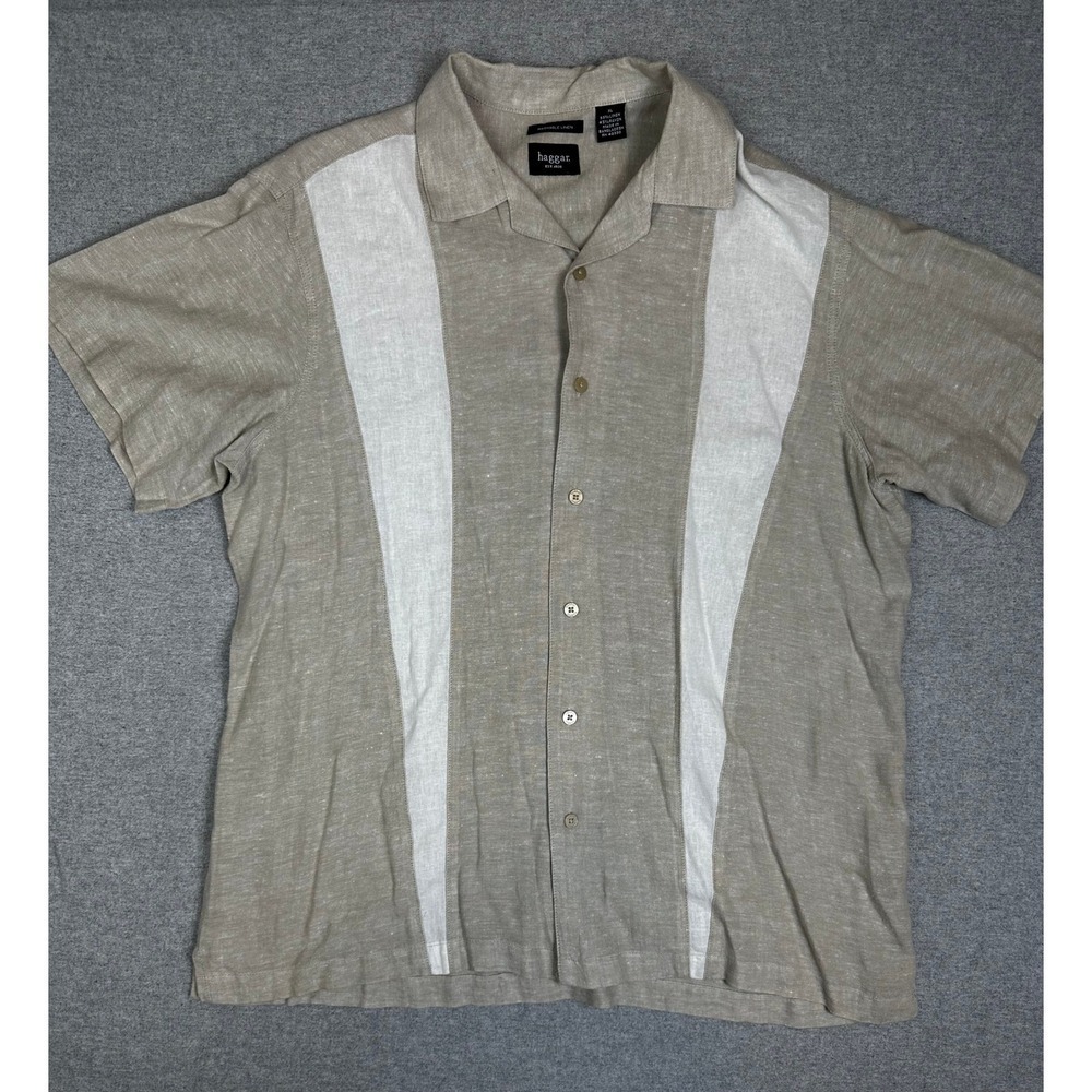 Haggar‎ Linen Rayon Shirt Mens XL Washable Short Sleeve Bowling Camp Tan Cream